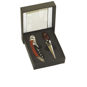 Sommelier-Geschenkset: Französischer Korkenzieher mit Holzgriff und Servierverschluss im Etui