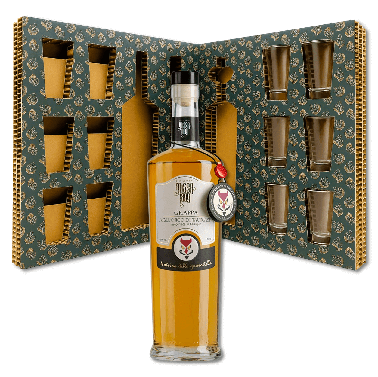 Confezione regalo con Grappa di Aglianico da Taurasi barrique Distillatori Russo e 6 bicchierini in vetro
