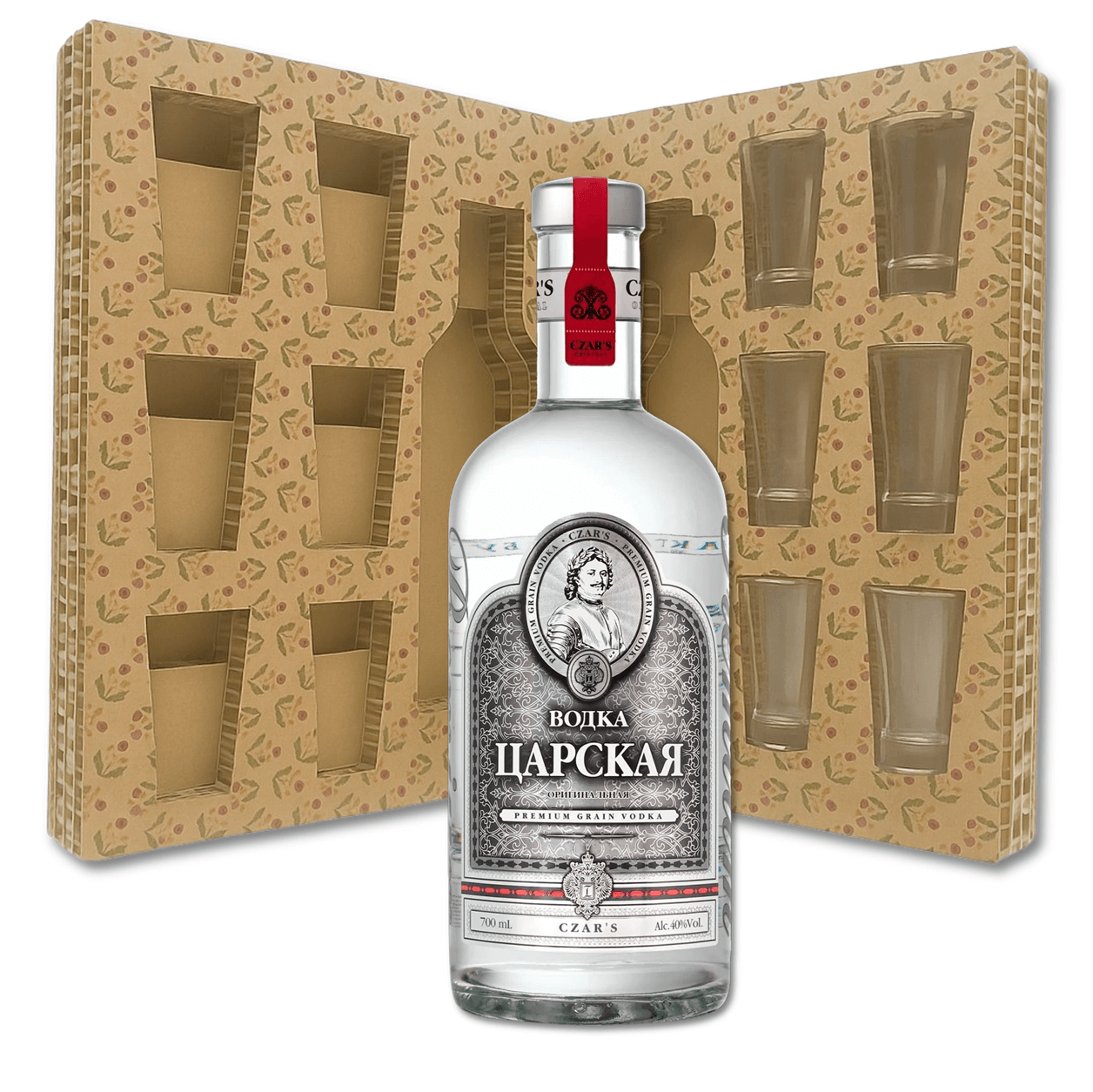 Confezione regalo con Vodka Premium Tsarskaya Czar's 70cl 40%vol con 6 bicchierini in vetro